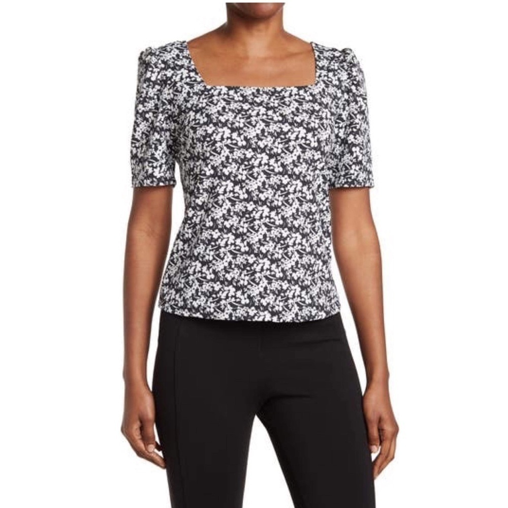 Melloday Black White Floral Print Square Neck Puff Sleeve Top Women’s Size 1X